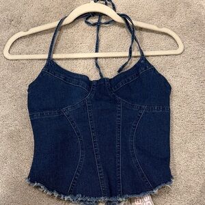 Missguided Dark Blue Denim Halter Corset Top